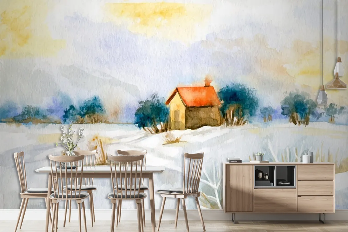 Watercolor Winter Landscape Wallpaper Mural