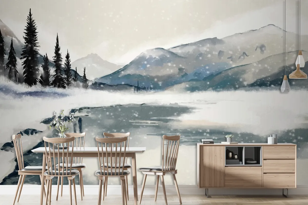 Watercolor Winter Landscape Dining Room Wallpaper Mural