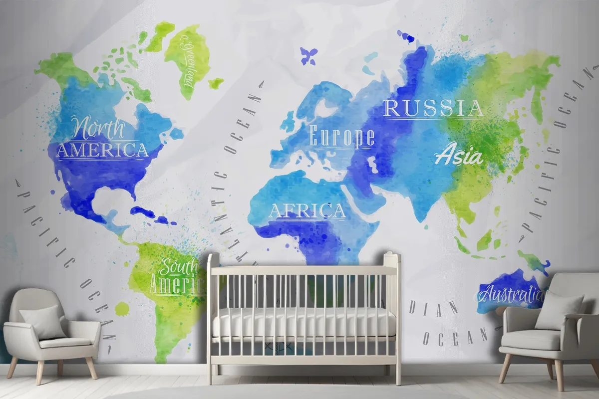 Watercolor World Map Kids Wallpaper Mural