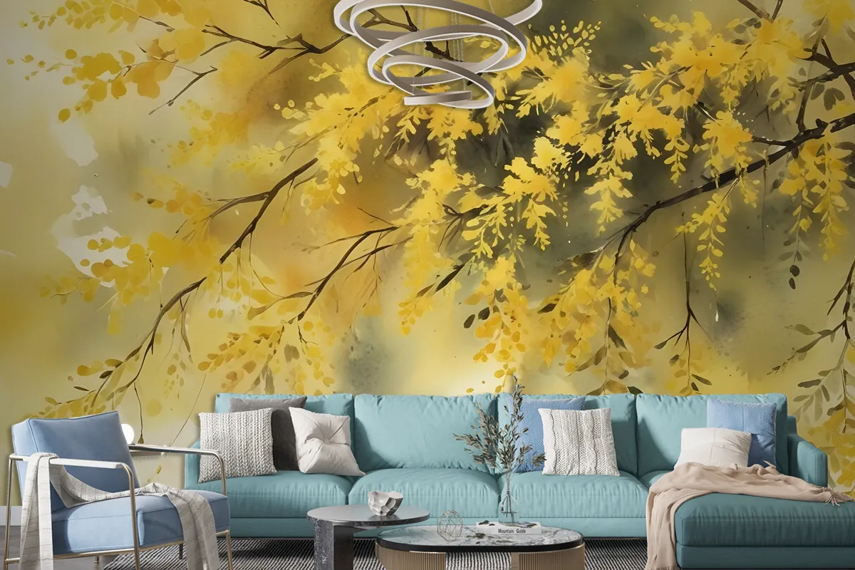 Watercolor Yellow Tree Landscape Wallpaper Mural