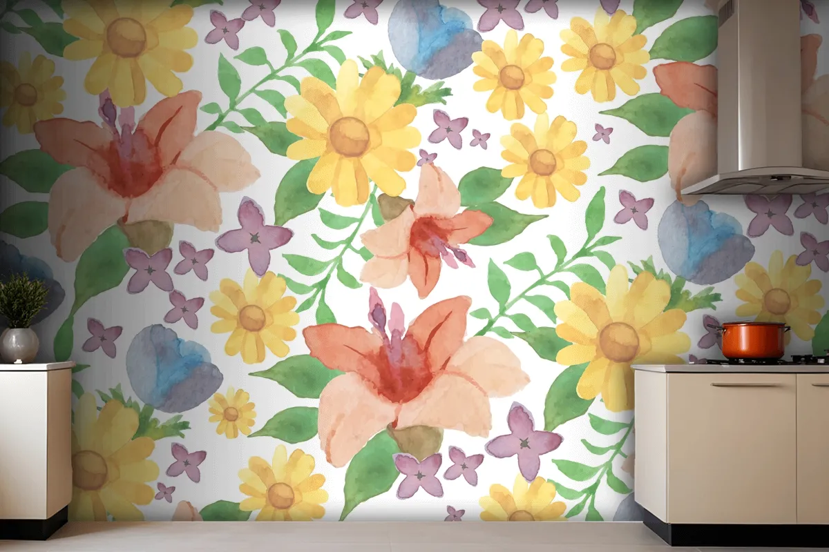 Watercolour Floral Background With Lilies Wallpaper Mural