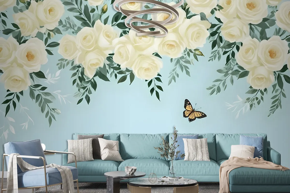 White Flowers And Yellow Butterfly Wallpaper Mural