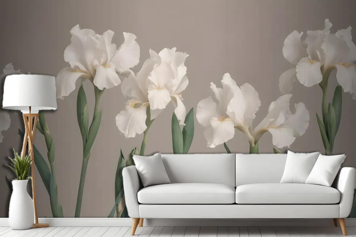 White Iris Flowers With Green Stems Against A Neutral Wallpaper Mural