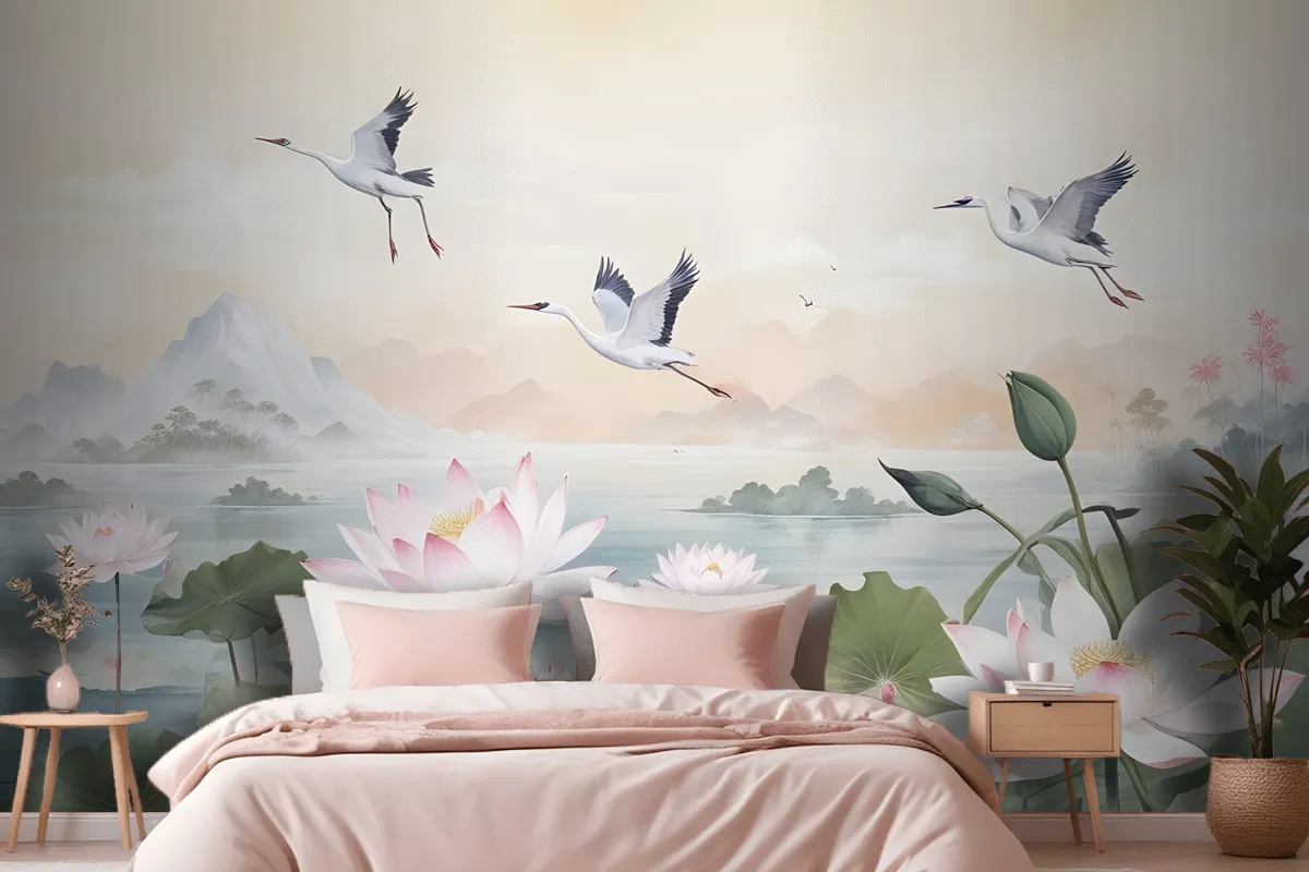 White Lotus Floral And Crane Birds Wallpaper Mural