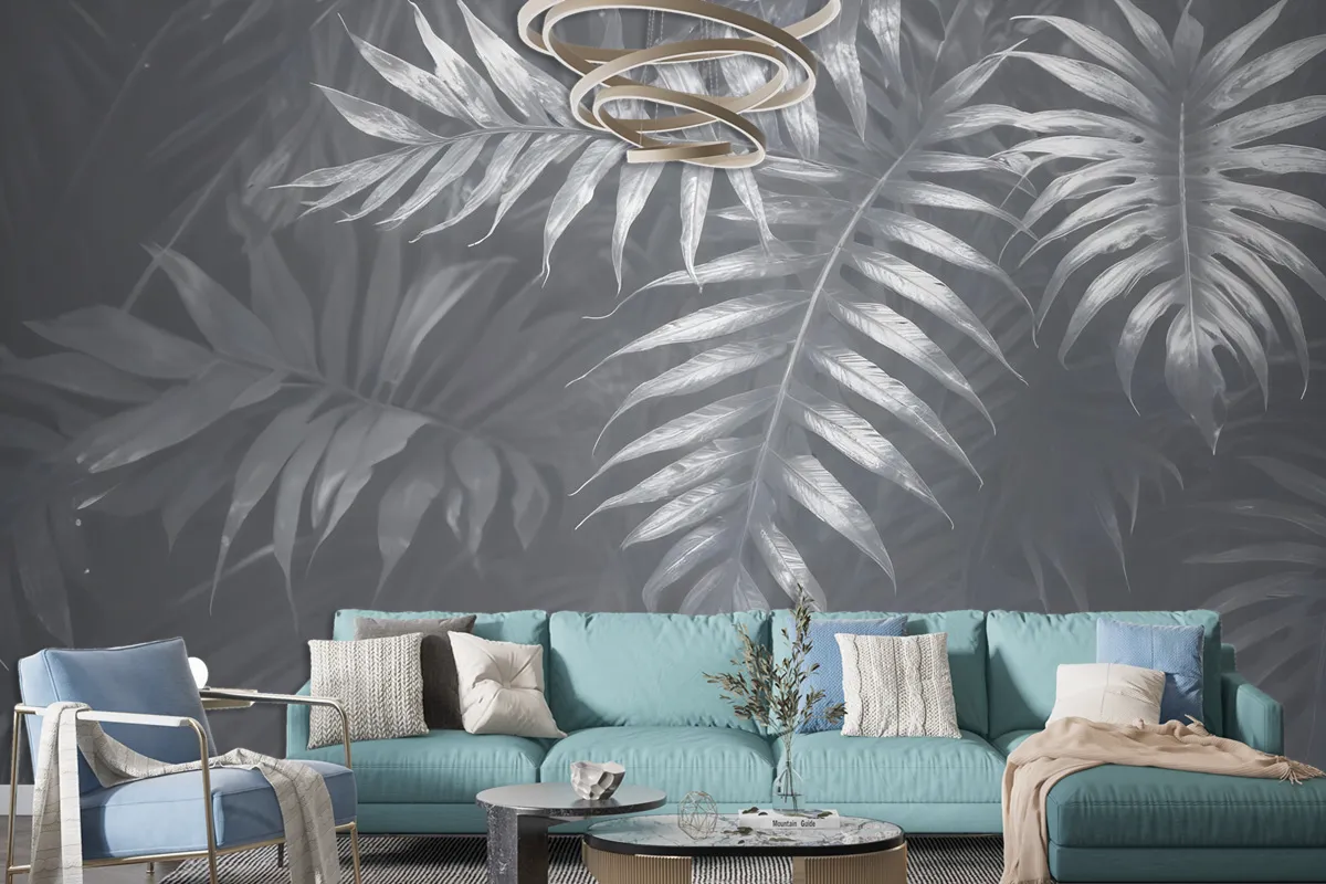 White Tropical Leafy Wallpaper Mural