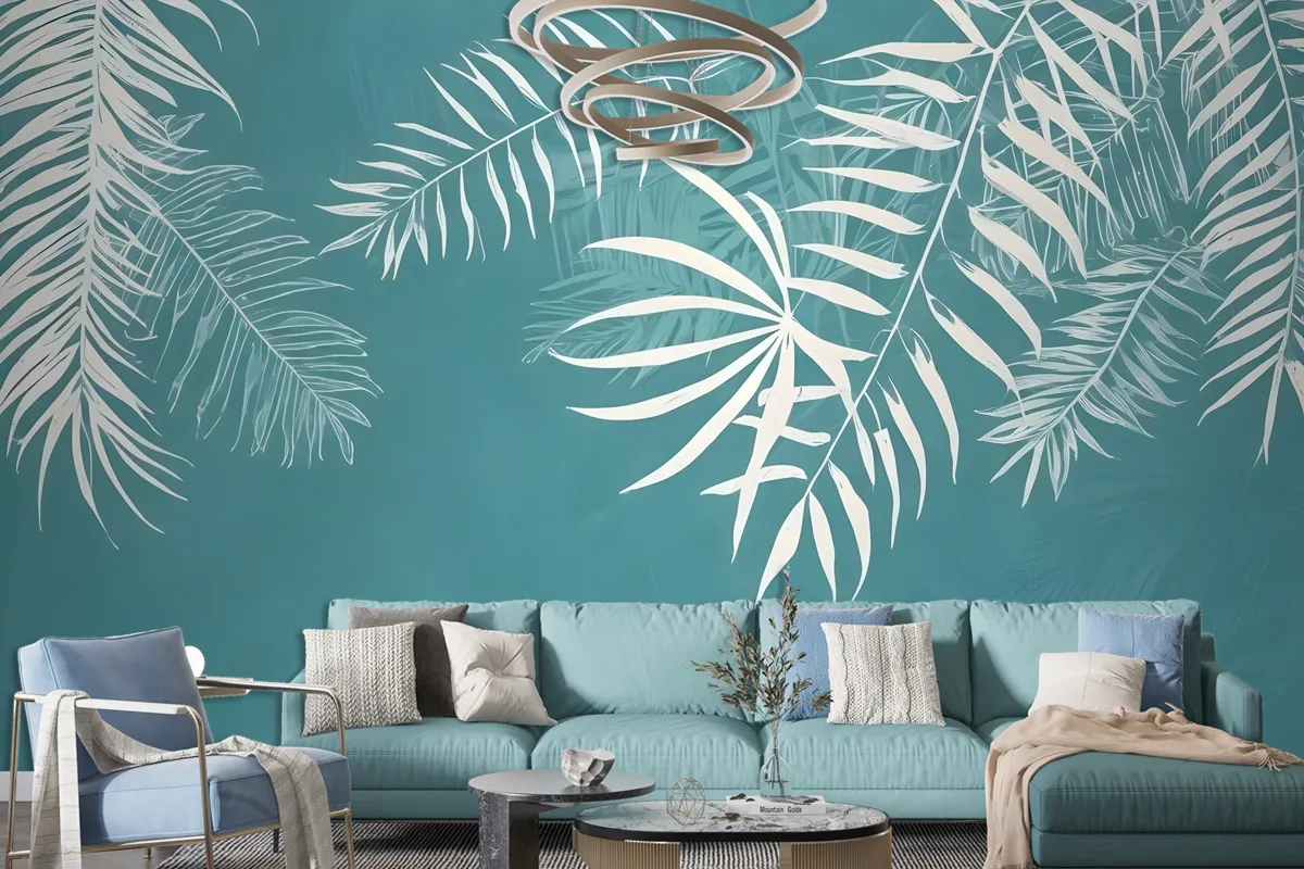 White Tropical Leaves Wallpaper Mural