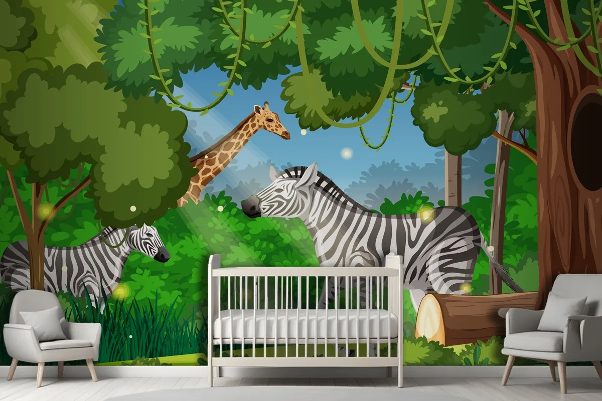 Wild Animals In Forest Landscape Wallpaper Mural