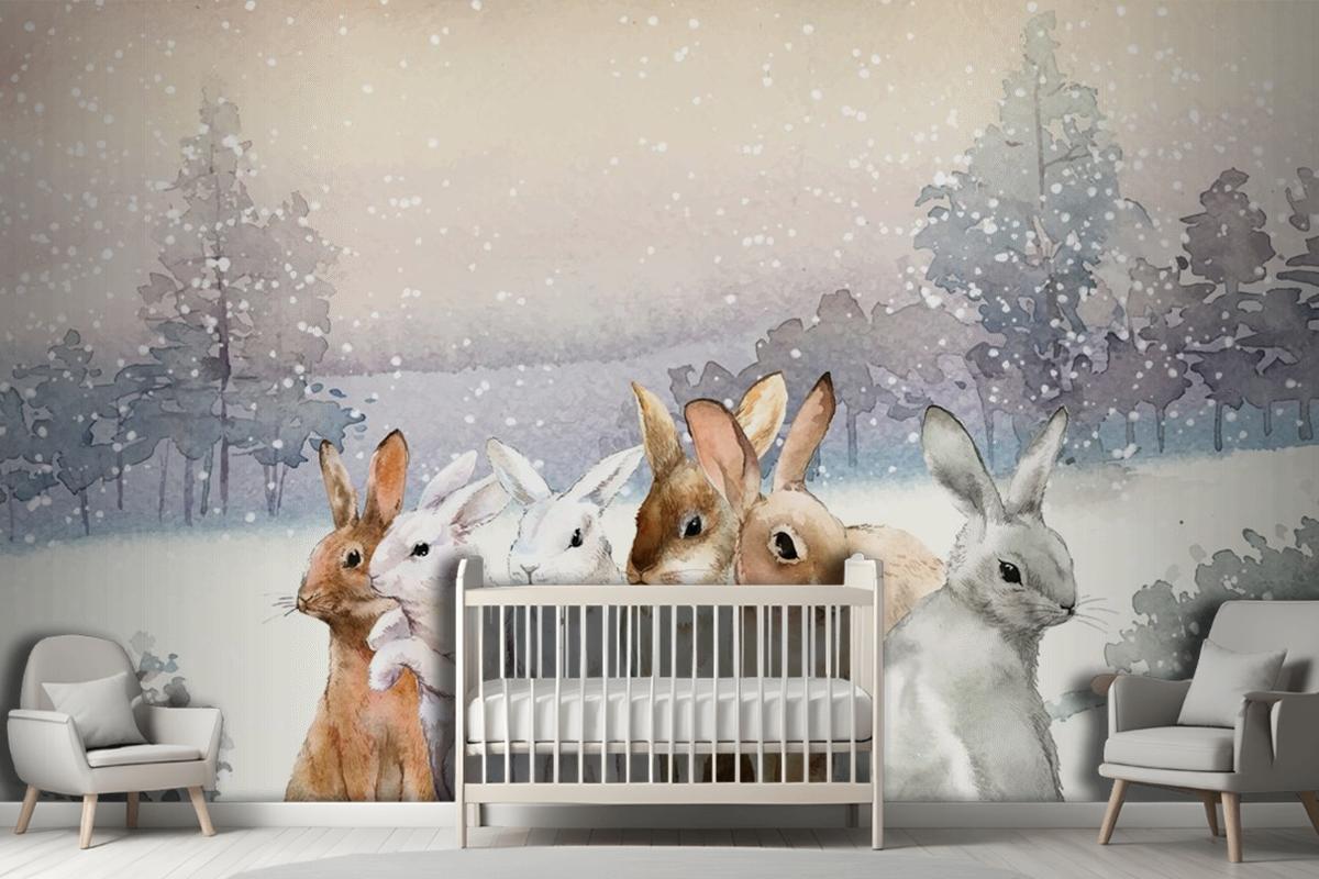 Wild Rabbits In The Winter Snow Painted By Watercolor Wallpaper Mural