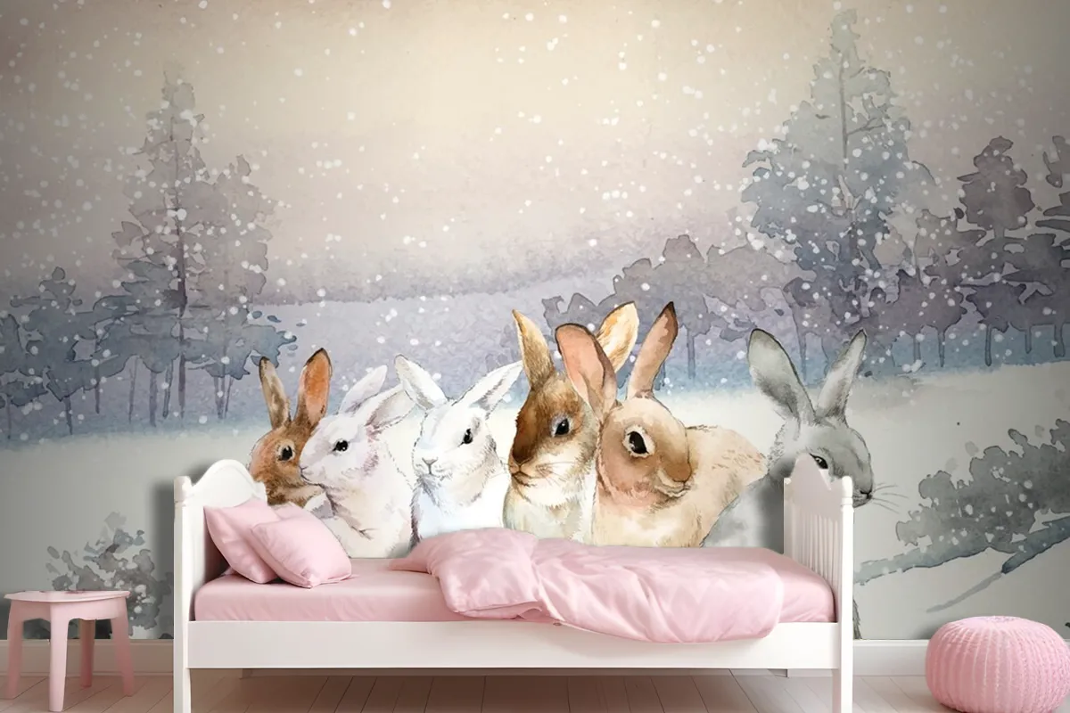 Wild Rabbits In The Winter Snow Painted By Watercolor Wallpaper Mural