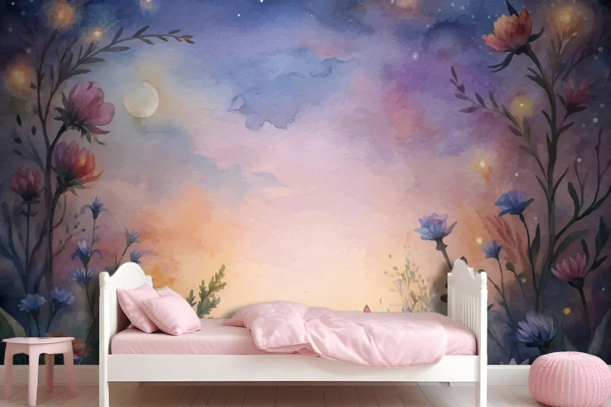 Wildflower Watercolor Background At Sunset Wallpaper Mural