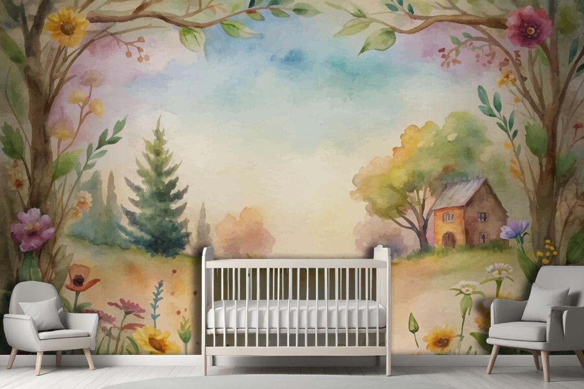 Wildflower Watercolor Background In The Countryside Wallpaper Mural