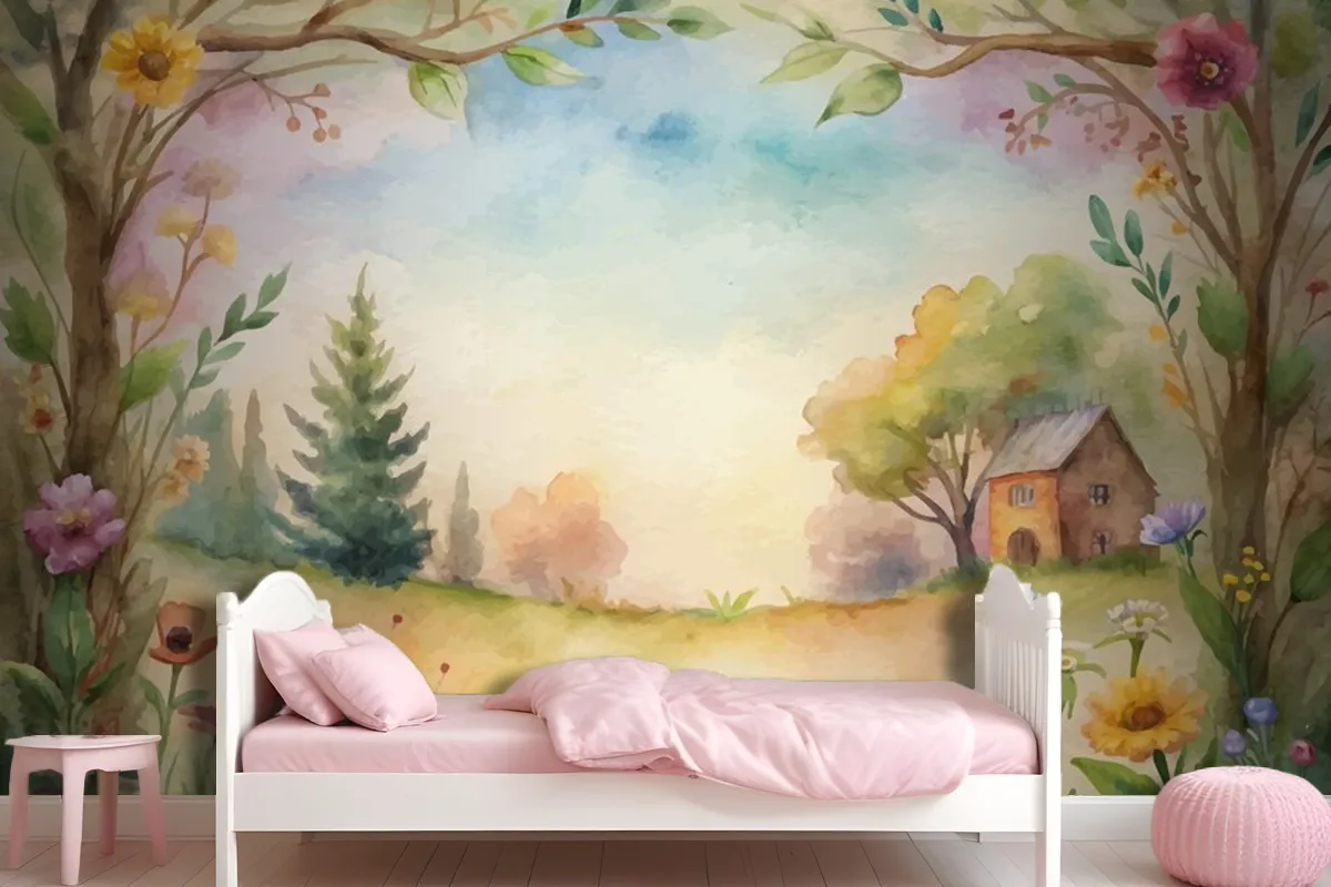 Wildflower Watercolor Background In The Countryside Wallpaper Mural