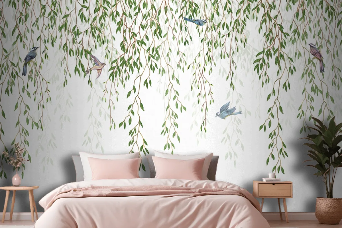 Willow Branches Hanging From Above With Birds On A White Background Wallpaper Mural