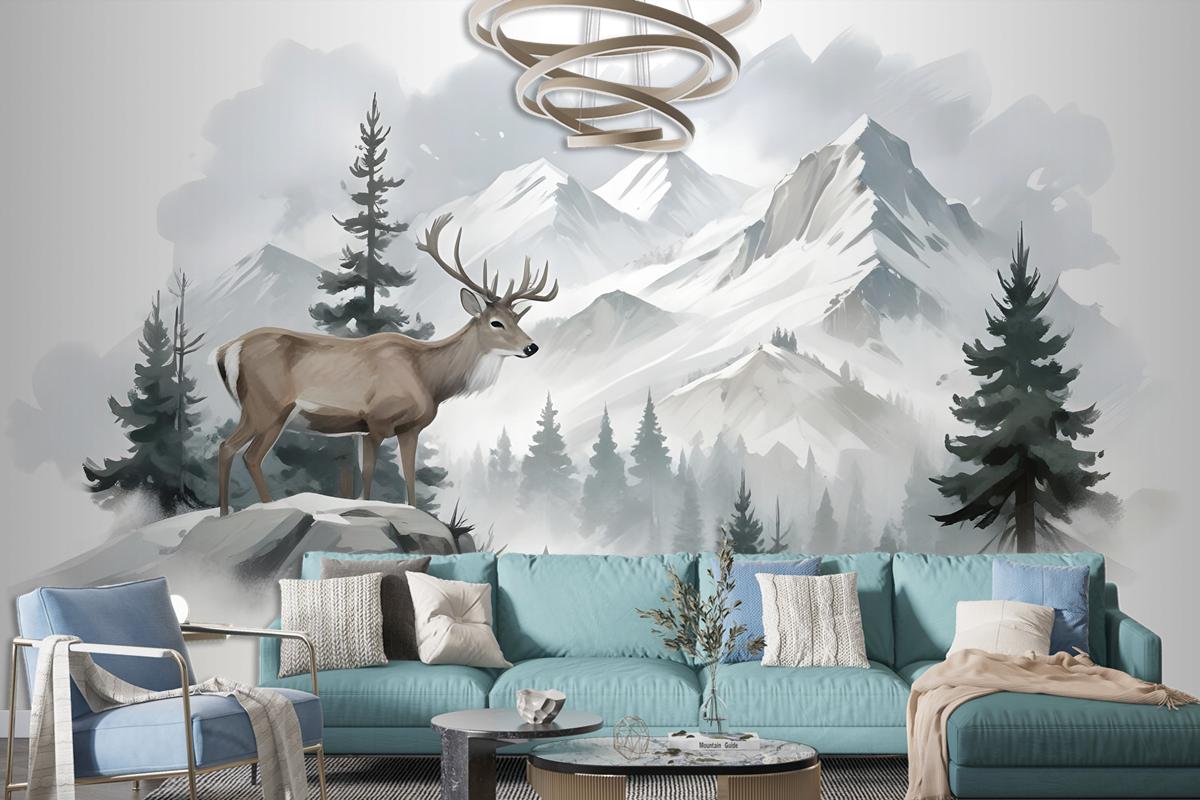 Winter Forest And Horned Deer Wallpaper Mural