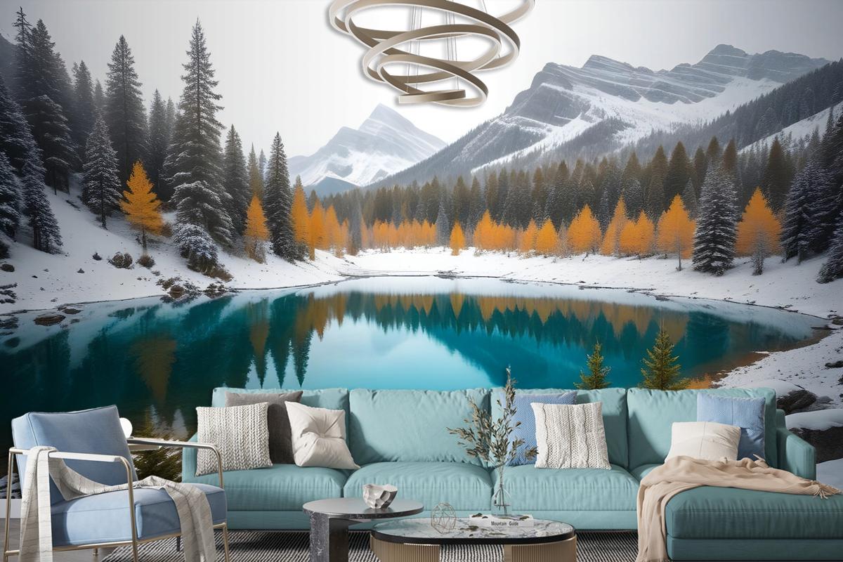 Winter Lake Landscape With Pine Forest Wallpaper Mural