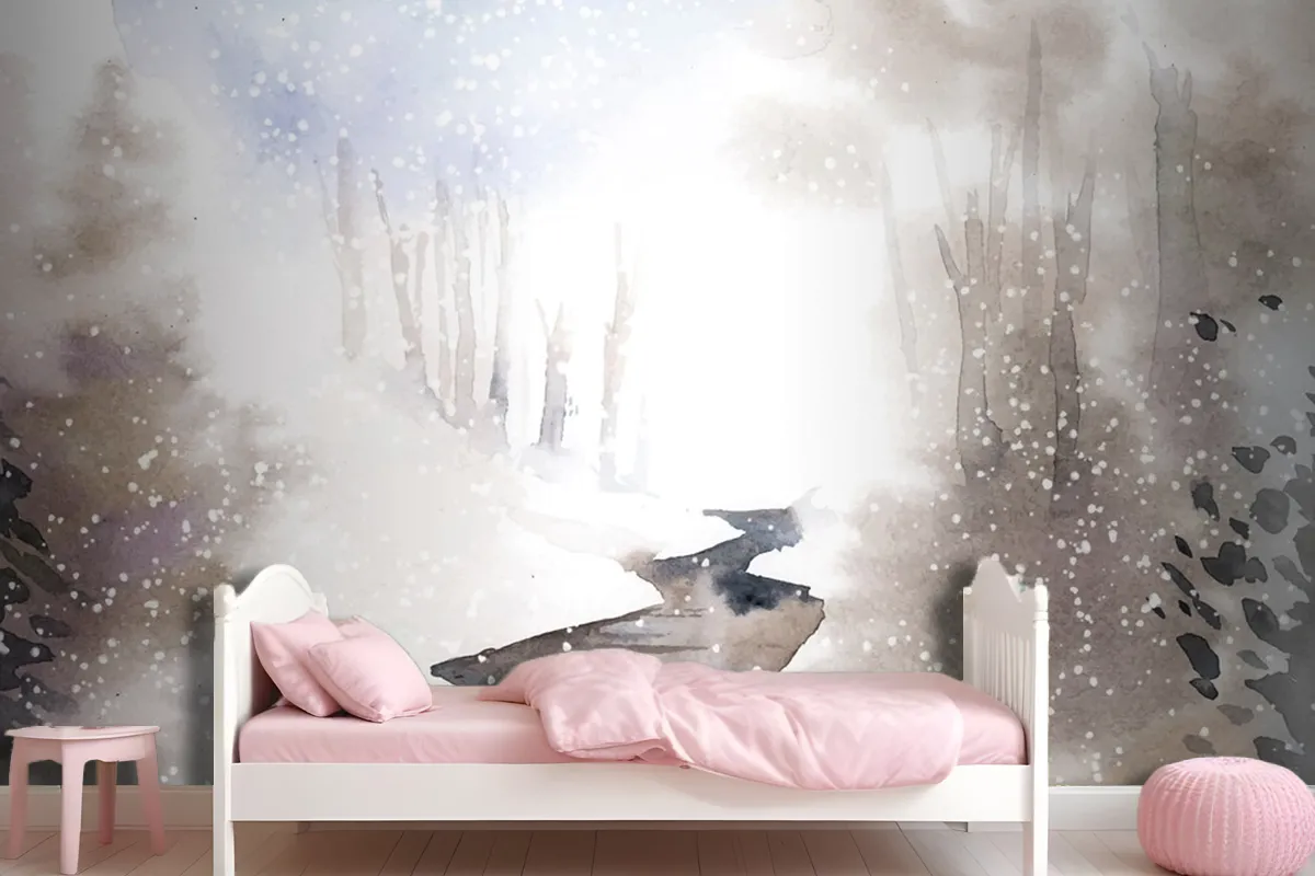 Winter Wonderland Landscape Painted By Watercolor Wallpaper Mural