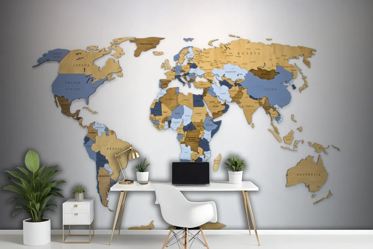 Wooden Color Multilayer World Map On A White Wallpaper Mural