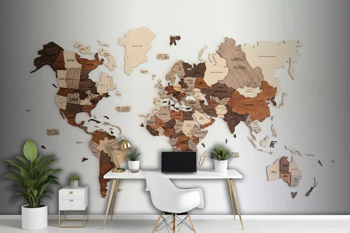 World Map Made Of Wood Crafts Wallpaper Mural