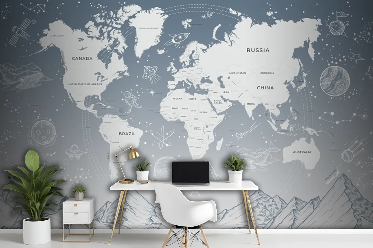 World Map Soft Blue Background Solar System Galaxy Space Wallpaper Mural