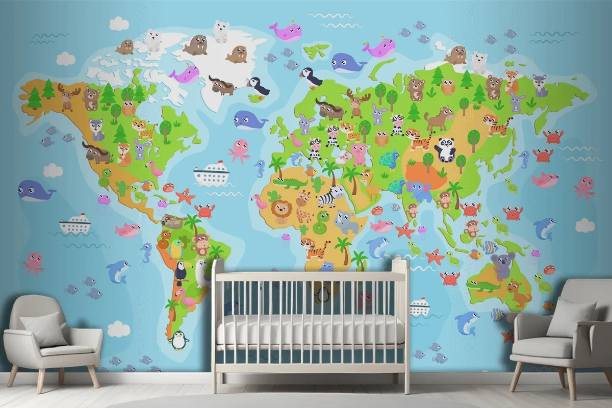 World Map With Animals For Kids Wallpaper Mural