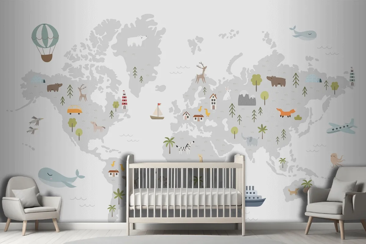 World Map With Animals Houses Nature Elements Wallpaper Mural