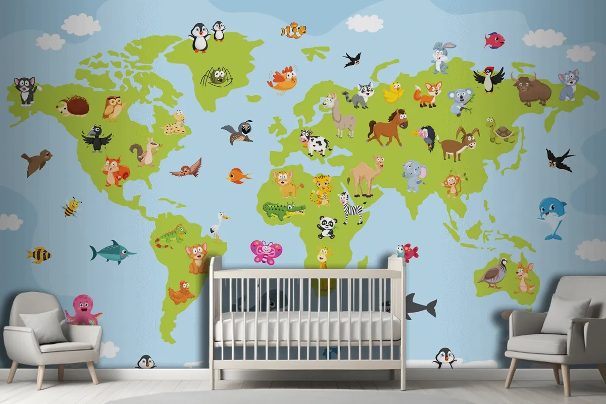 World Map With Cartoon Animals Wallpaper Mural