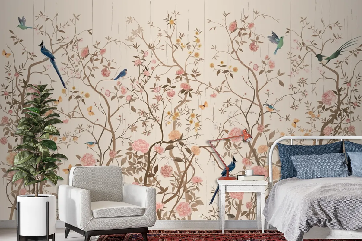 Chinoiserie Wallpaper With Birds And Flowers Wallpaper Mural