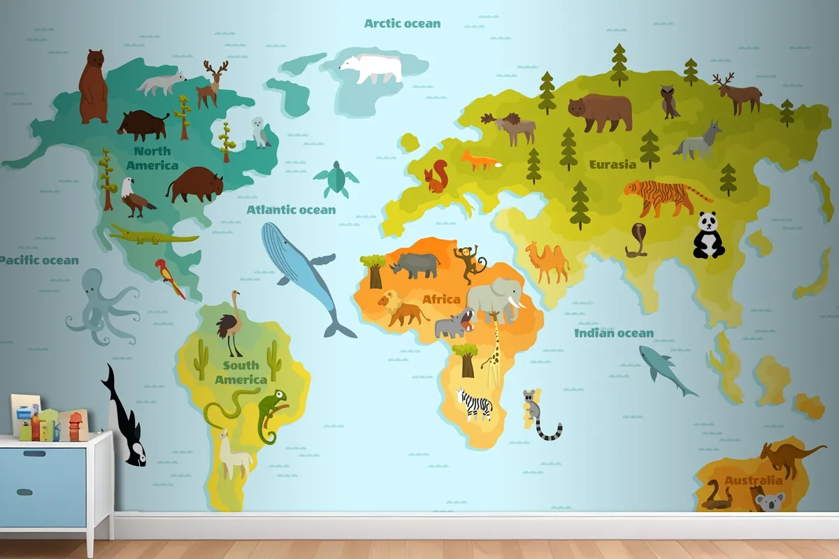 Funny Cartoon Animal World Map For Children With The Continents Wallpaper Mural