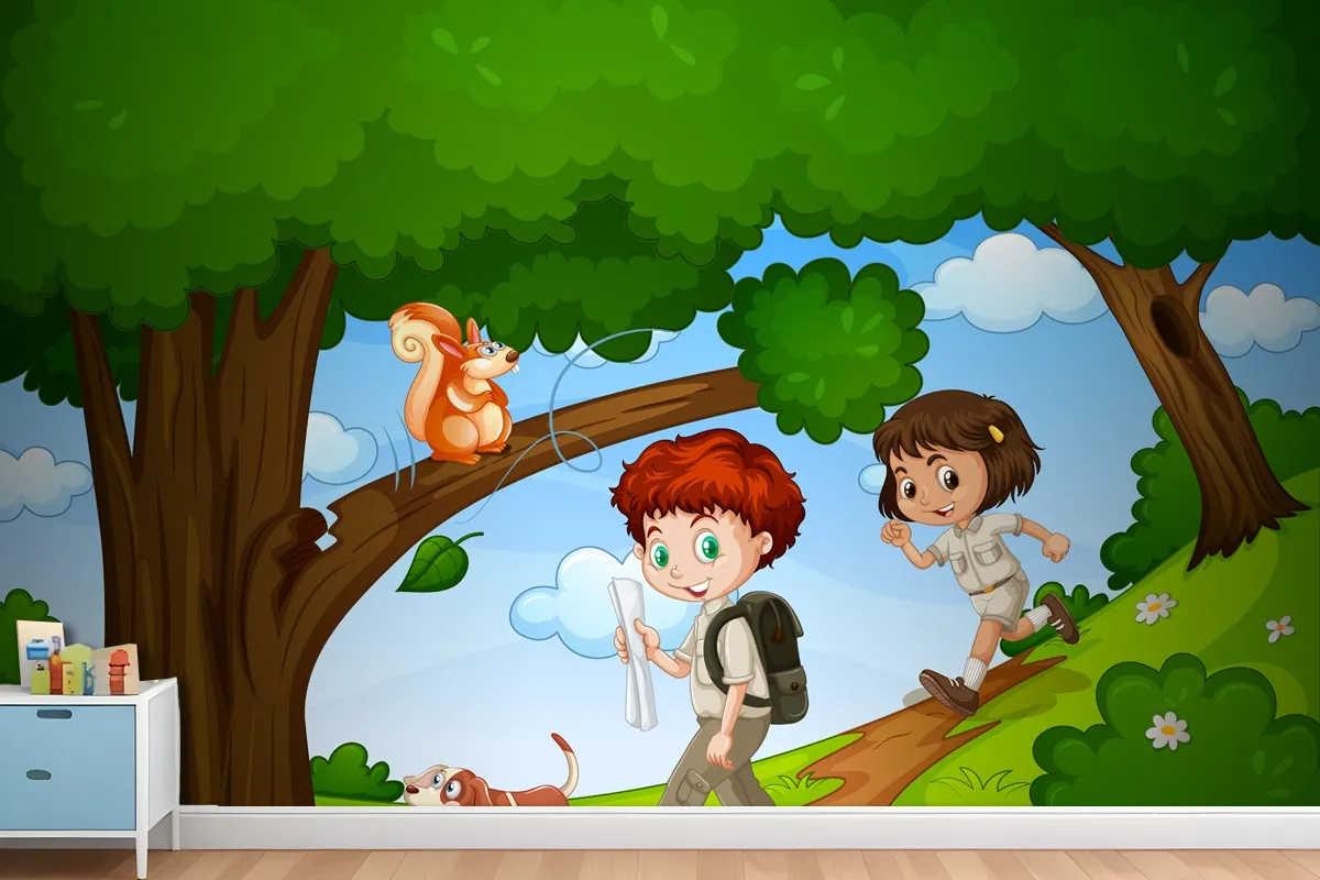 Boy And Girl Enjoy In The Park With Cute Animal Scene Wallpaper Mural