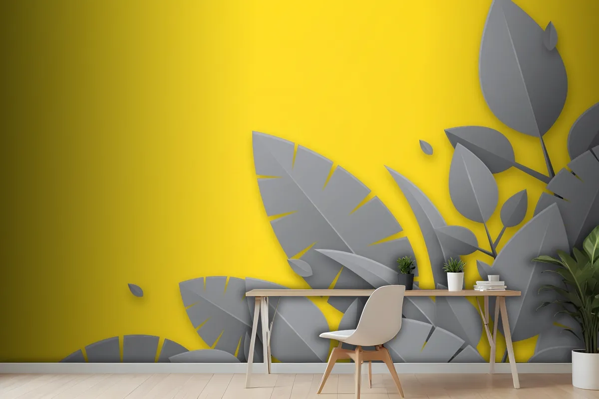 Yellow Background And Gray Leaves Office Wallpaper Mural