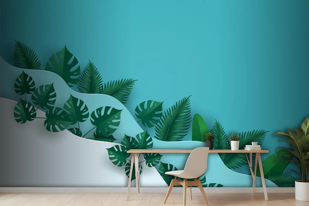 Green Leafs Or Foliage In Multi Wave Layer Wallpaper Mural