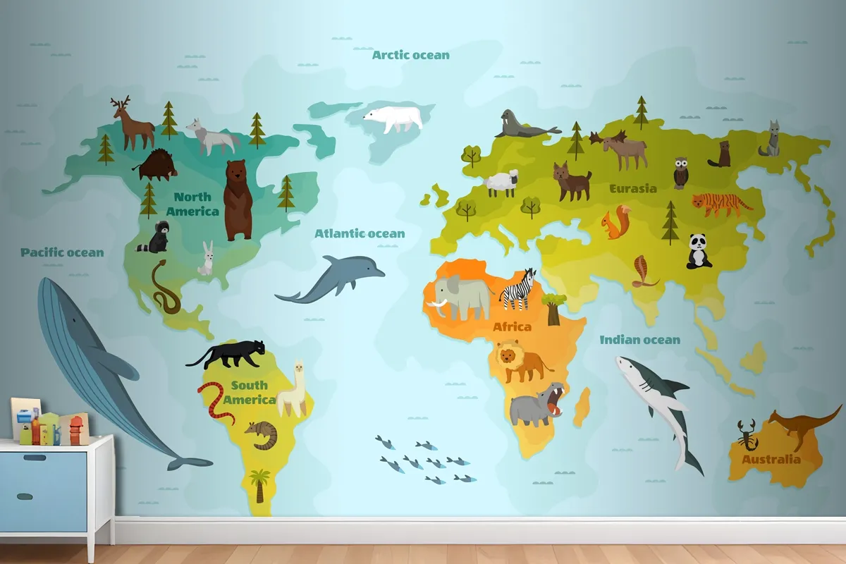 World Map With Different Animal Wallpaper Mural