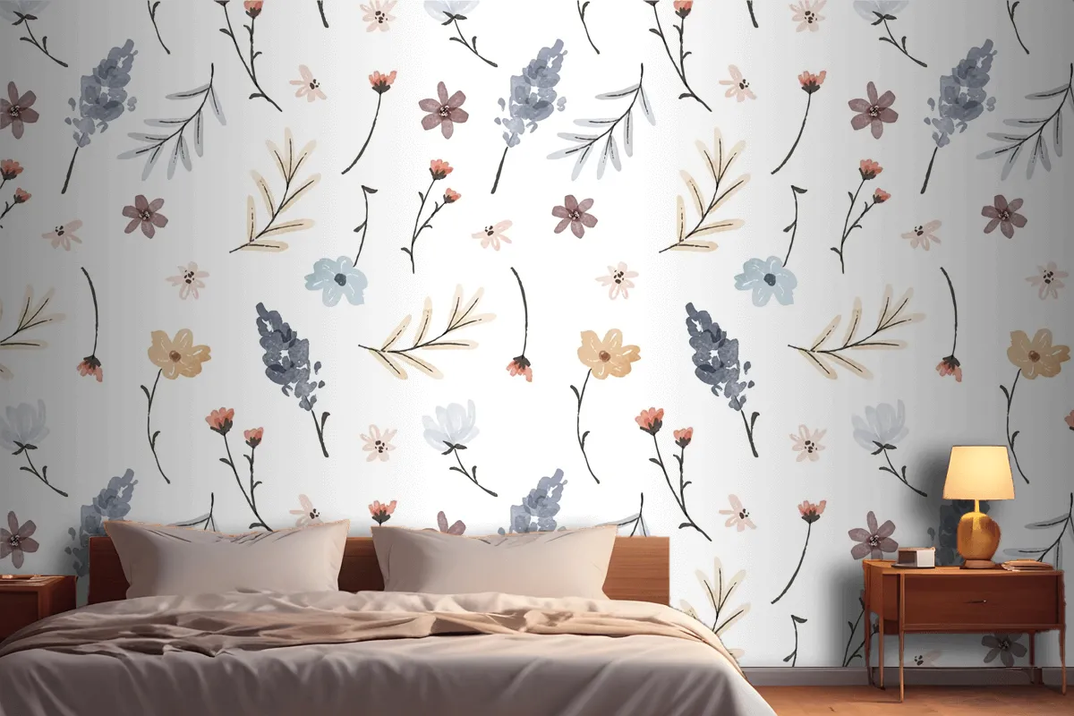 Hand Painted Watercolor Pressed Flowers Pattern Wallpaper Mural