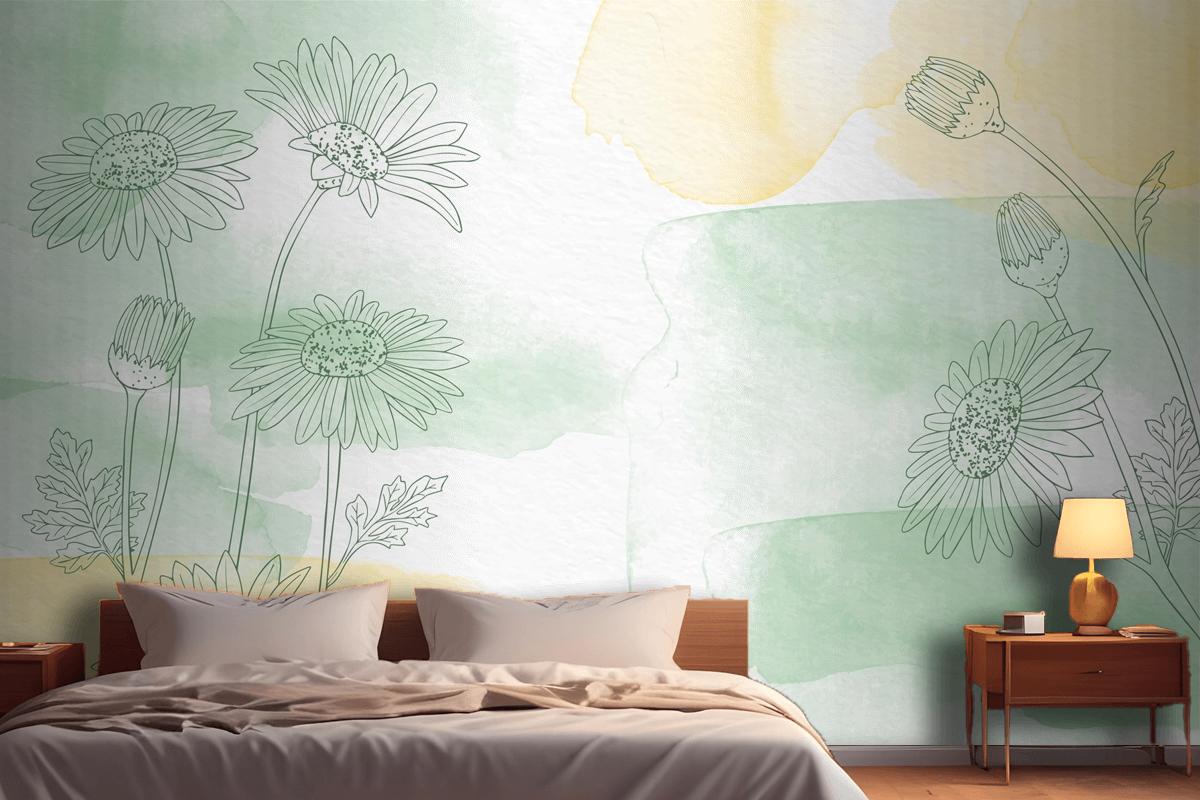 Hand Painted Background With Drawn Flowers Wallpaper Mural