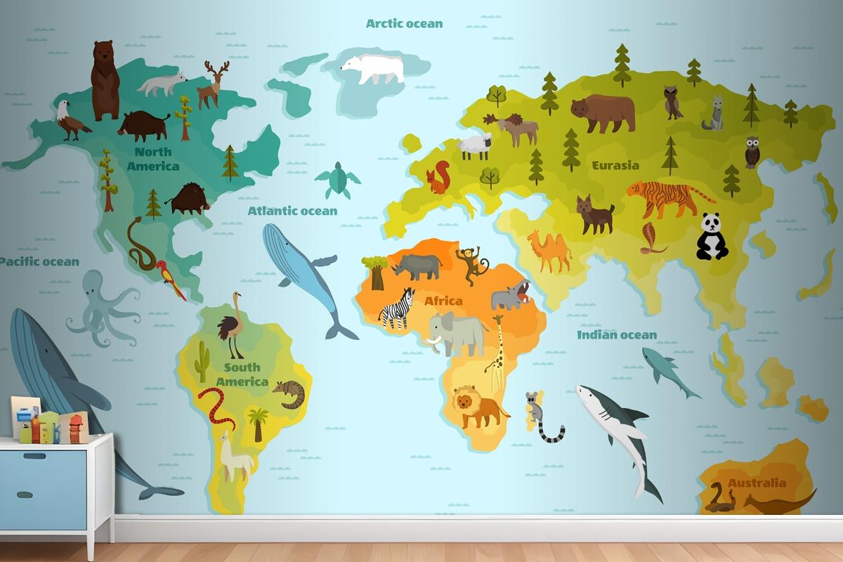 World Map With Different Animal Wallpaper Mural