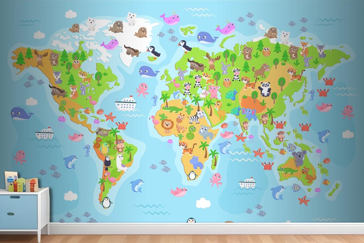  World Map With Animals For Kids Wallpaper Mural