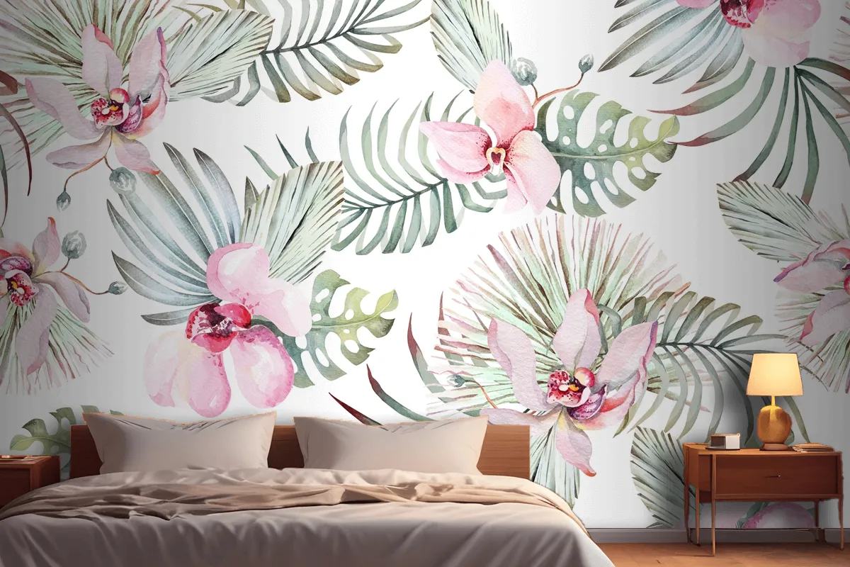 Seamless Pattern Of Tropical Plant Orchid And Flower For Fabric Wallpaper Mural