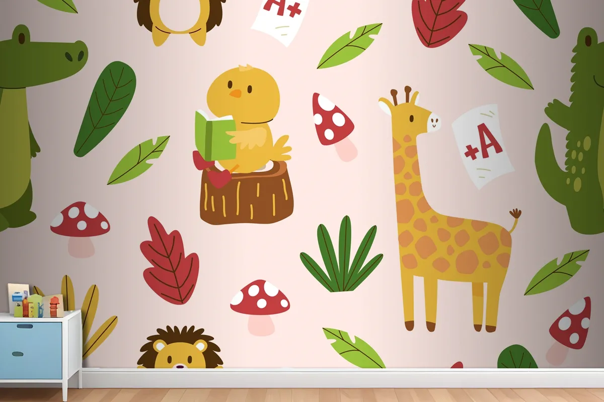 Hand Drawn Childlike Animals Pattern Wallpaper Mural