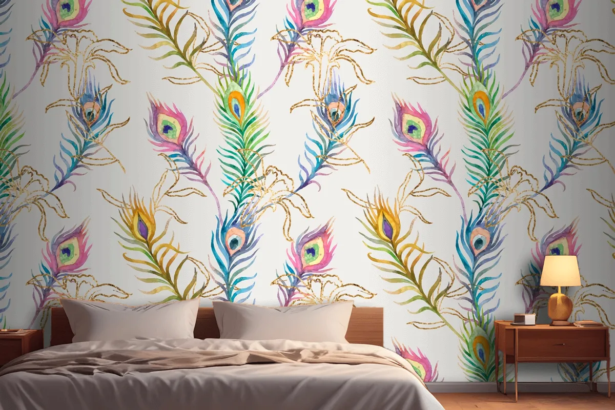 Background Of Peacock Feather Colorful Watercolor Pattern Wallpaper Mural