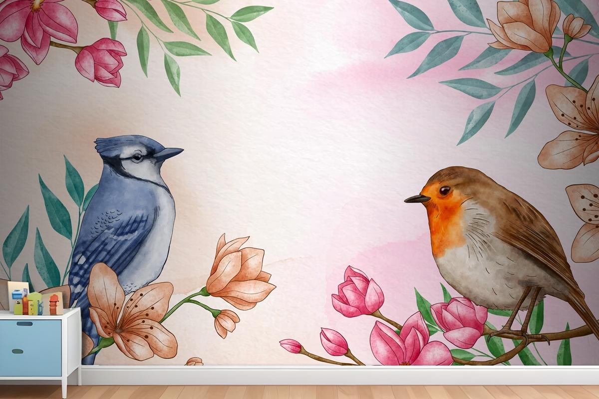 Hand Painted Watercolor Floral Birds Background Wallpaper Mural