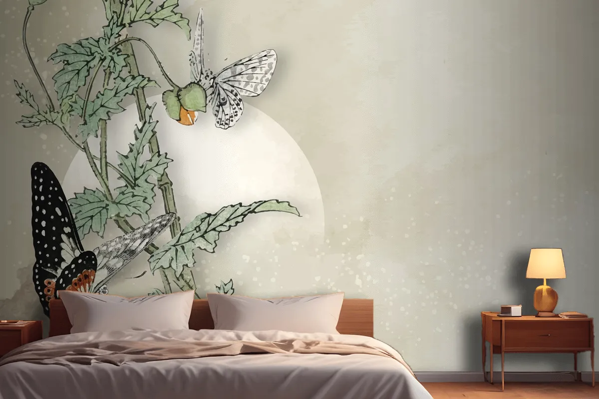 Leafy Butterfly Frame Design Wallpaper Mural