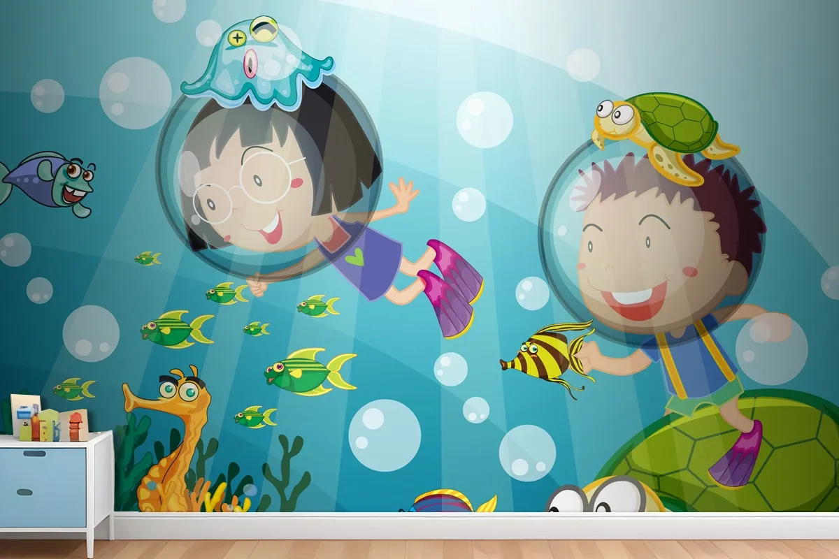 Underwater Scene With Happy Kids Scuba Diving Wallpaper Mural