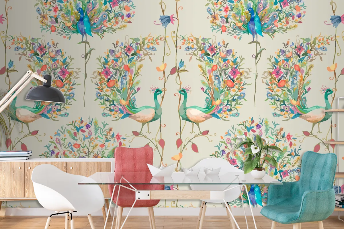 Pattern Background With Watercolor Peacock And Flower Wallpaper Mural