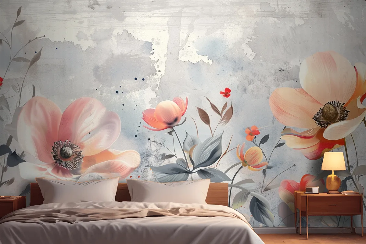 Watercolor Flowers Blue Wallpaper Mural