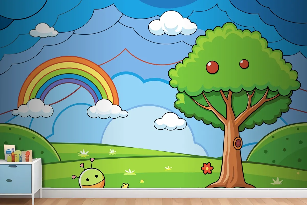 A Colorful Illustration Of A Rainbow With A Tree And A Rainbow In The Wallpaper Mural