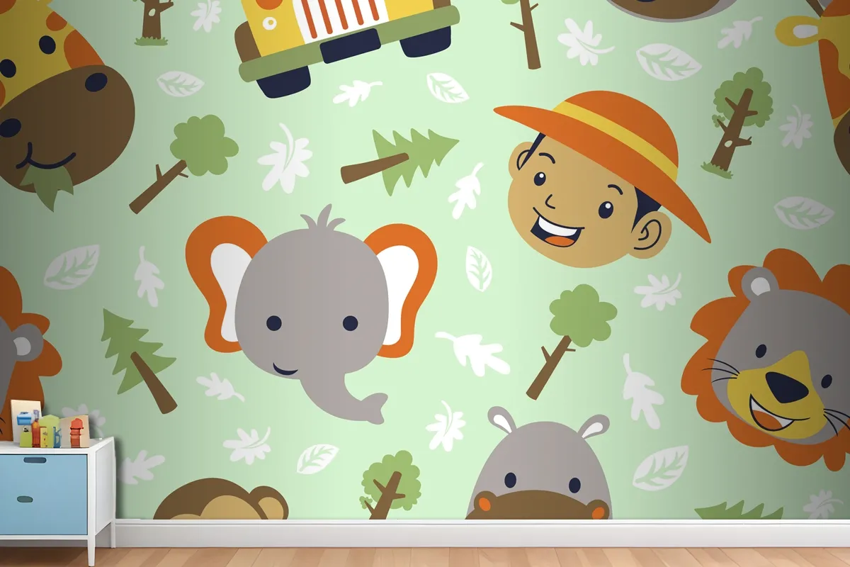 Funny Safari Animals Head Cartoon With Little Boy Head On Seamless Pattern Wallpaper Mural