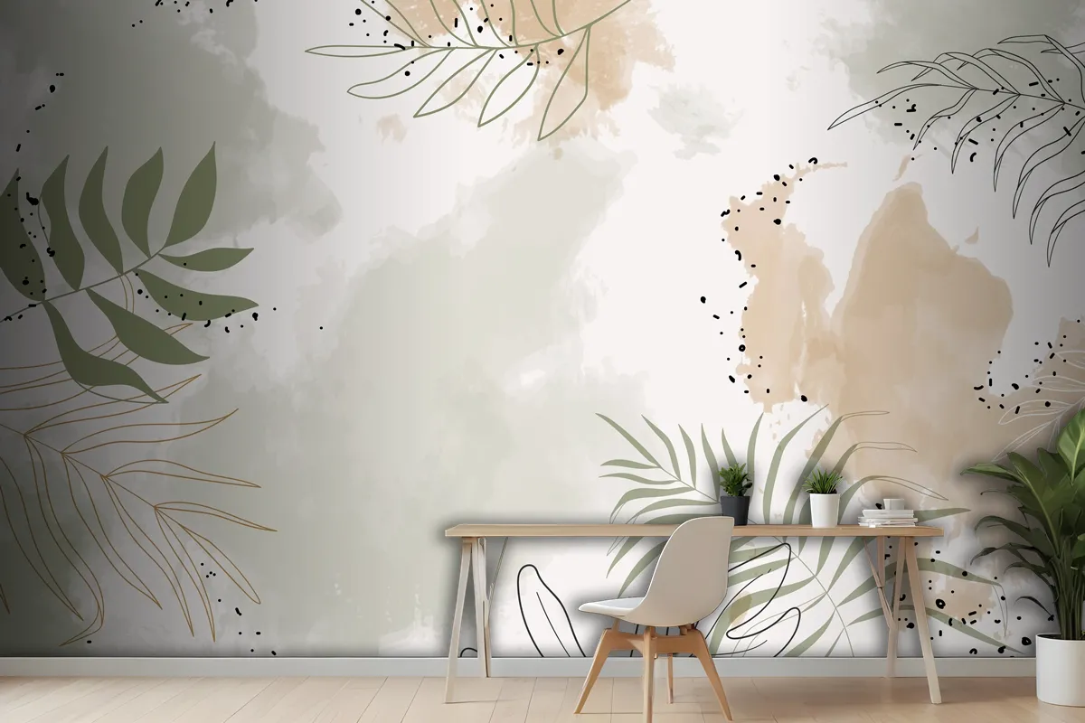 Beige Leafy Watercolor Background Wallpaper Mural