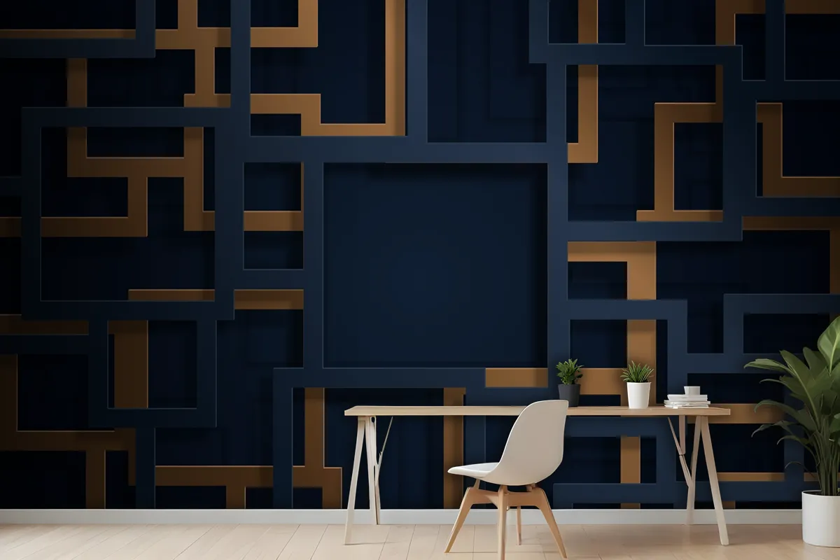 3D Blue And Gold Lines In Paper Cut Style Wallpaper Mural