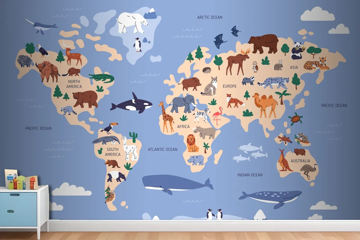 World Map With Animals In Water And On Earth Geography Wallpaper Mural