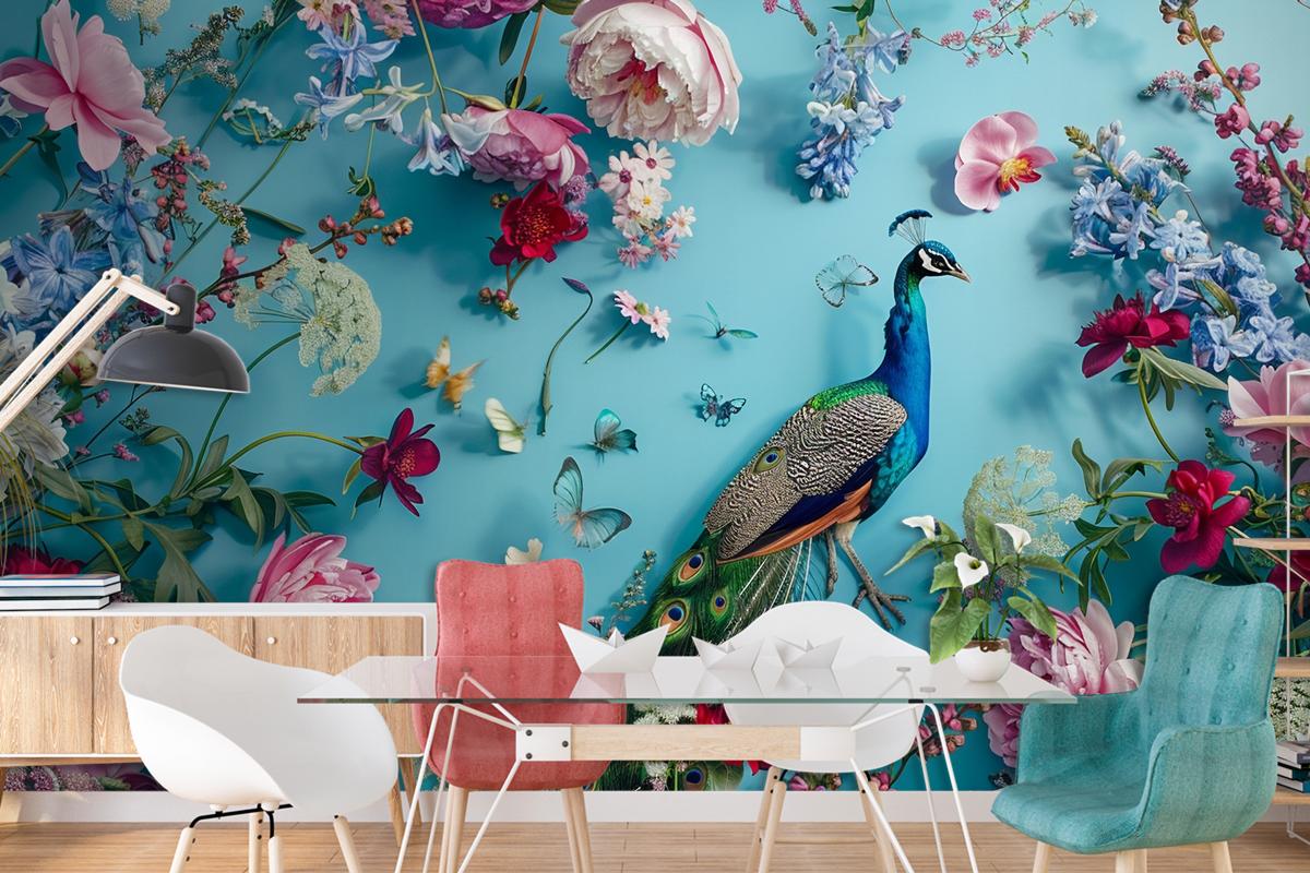 A Peacock Surrounded By Flowers And Butterflies Wallpaper Mural